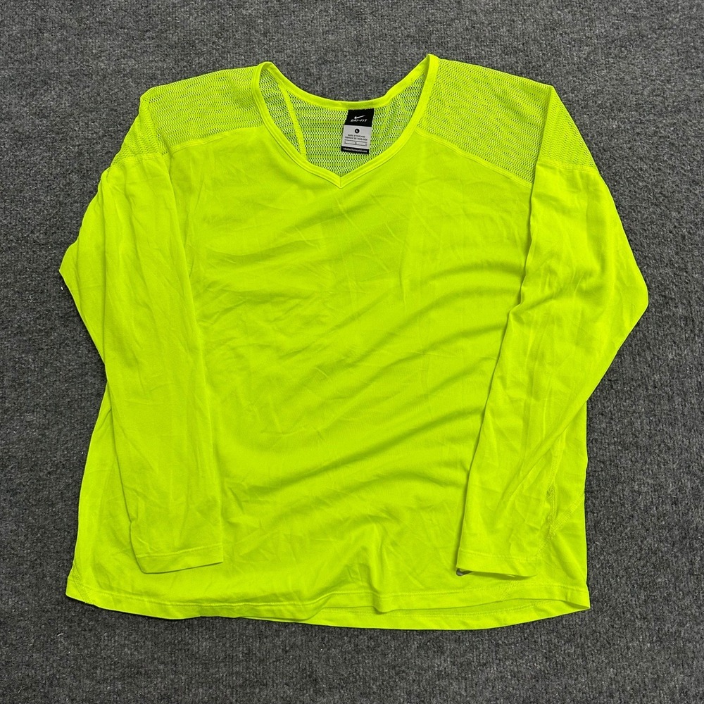 Nike Shirt Womens Size L Neon Yellow Dri-Fit Mesh Panel Long Sleeve Athletic Run